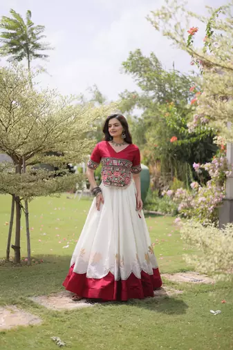 WHITE & MAROON lotus Flower Gota & Mirror Lace Work Roman Flared Lehenga With Kutchi Gamthi Blouse Set