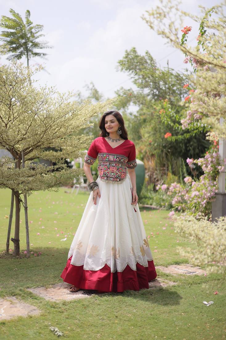 WHITE & MAROON lotus Flower Gota & Mirror Lace Work Roman Flared Lehenga With Kutchi Gamthi Blouse Set