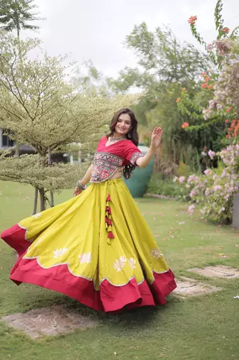 OLIVE GREEN & MAROON lotus Flower Gota & Mirror Lace Work Roman Flared Lehenga With Kutchi Gamthi Blouse Set