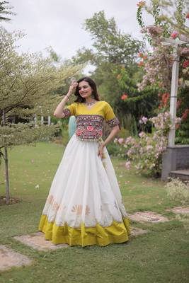 White & Lemon Yellow Lotus Flower Gota & Mirror Lace Work Roman Flared Lehenga With Kutchi Gamthi Blouse Set 4