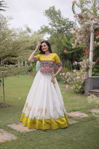 White & Lemon Yellow Lotus Flower Gota & Mirror Lace Work Roman Flared Lehenga With Kutchi Gamthi Blouse Set