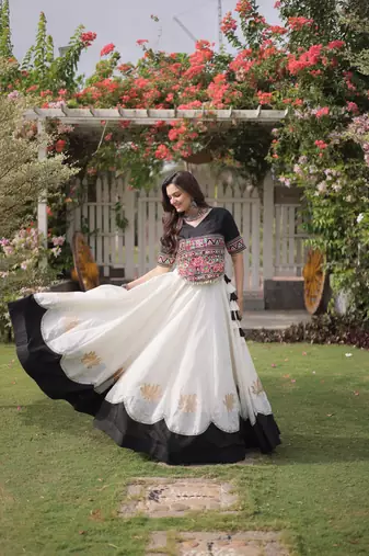 WHITE & BLACK lotus Flower Gota & Mirror Lace Work Roman Flared Lehenga With Kutchi Gamthi Blouse Set