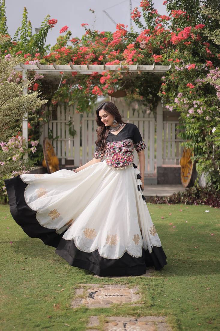 WHITE & BLACK lotus Flower Gota & Mirror Lace Work Roman Flared Lehenga With Kutchi Gamthi Blouse Set