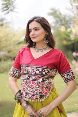 OLIVE GREEN & MAROON lotus Flower Gota & Mirror Lace Work Roman Flared Lehenga With Kutchi Gamthi Blouse Set 5