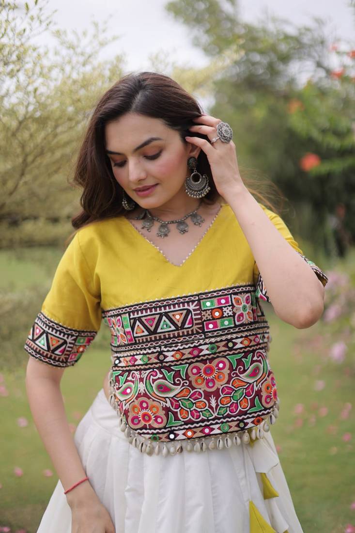 White & Lemon Yellow Lotus Flower Gota & Mirror Lace Work Roman Flared Lehenga With Kutchi Gamthi Blouse Set