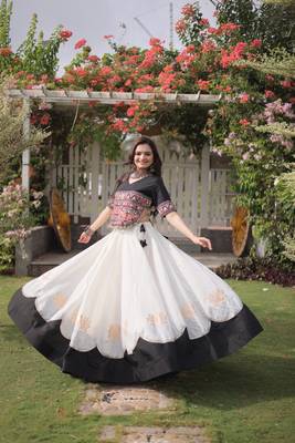 WHITE & BLACK lotus Flower Gota & Mirror Lace Work Roman Flared Lehenga With Kutchi Gamthi Blouse Set 3