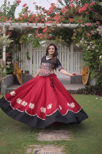 MAROON  & BLACK lotus Flower Gota & Mirror Lace Work Roman Flared Lehenga With Kutchi Gamthi Blouse Set