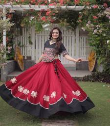 MAROON  & BLACK lotus Flower Gota & Mirror Lace Work Roman Flared Lehenga With Kutchi Gamthi Blouse Set