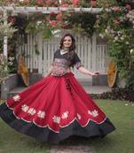 MAROON  & BLACK lotus Flower Gota & Mirror Lace Work Roman Flared Lehenga With Kutchi Gamthi Blouse Set