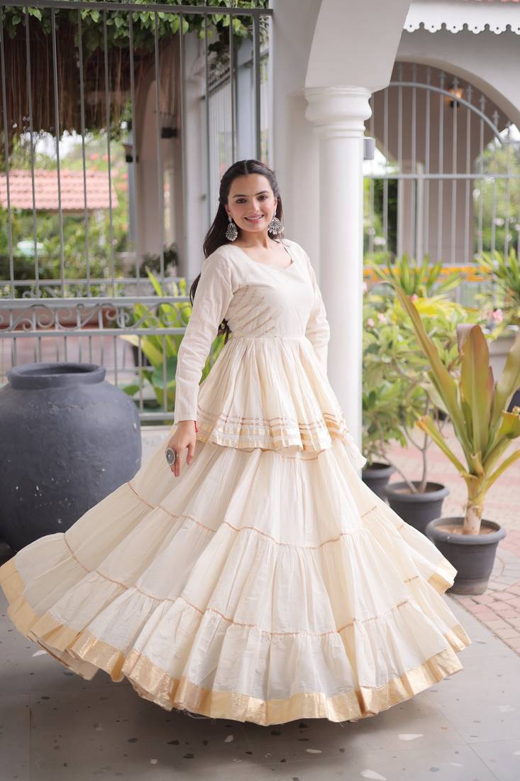 Ivory Elegant Cora Cotton Gota-Patti & Lace Work Lehenga Choli Set for Women