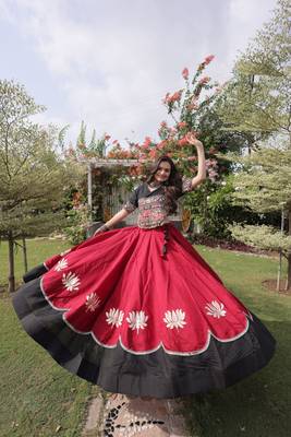 MAROON  & BLACK lotus Flower Gota & Mirror Lace Work Roman Flared Lehenga With Kutchi Gamthi Blouse Set 3