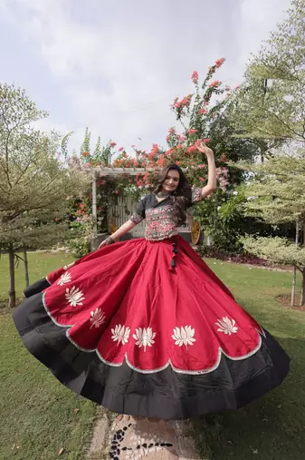 MAROON  & BLACK lotus Flower Gota & Mirror Lace Work Roman Flared Lehenga With Kutchi Gamthi Blouse Set