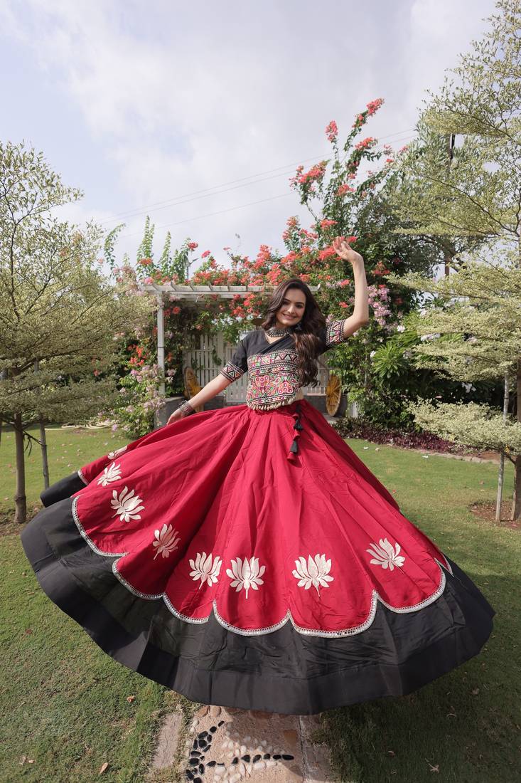 MAROON  & BLACK lotus Flower Gota & Mirror Lace Work Roman Flared Lehenga With Kutchi Gamthi Blouse Set