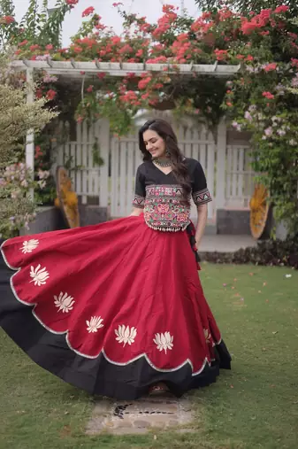 MAROON  & BLACK lotus Flower Gota & Mirror Lace Work Roman Flared Lehenga With Kutchi Gamthi Blouse Set