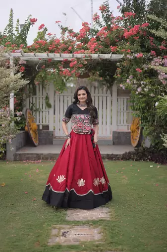 MAROON  & BLACK lotus Flower Gota & Mirror Lace Work Roman Flared Lehenga With Kutchi Gamthi Blouse Set