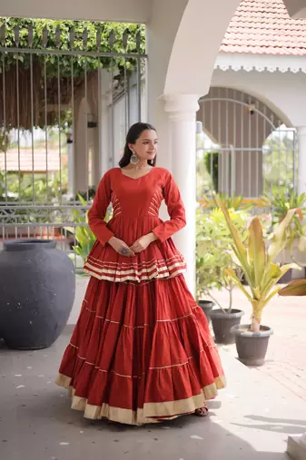 Brick Orange Elegant Cora Cotton Gota-Patti & Lace Work Lehenga Choli Set for Women