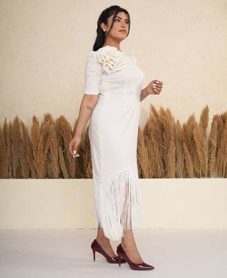 White floral applique crepe asymmetric midi dress for women 2