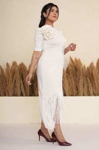 White floral applique crepe asymmetric midi dress for women