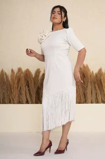 White floral applique crepe asymmetric midi dress for women