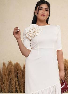 White floral applique crepe asymmetric midi dress for women 4