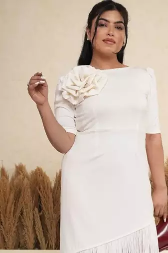 White floral applique crepe asymmetric midi dress for women