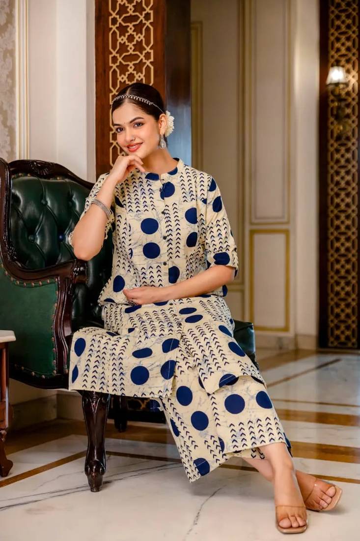 Cream pure cotton kurti palazzo set