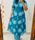 Teal blue pure cotton printed kurti palazzo co-ord set