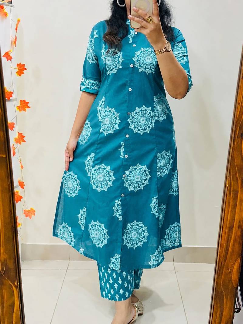 Teal blue pure cotton printed kurti palazzo co-ord set