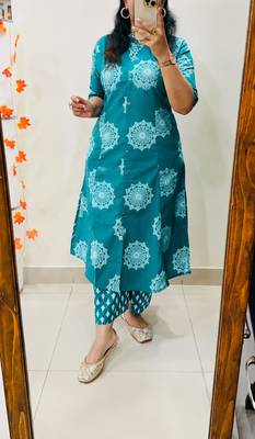 Teal blue pure cotton printed kurti palazzo co-ord set 3