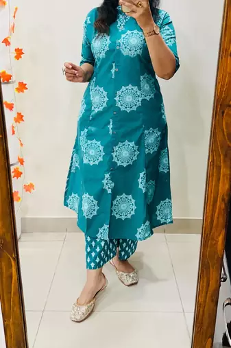 Teal blue pure cotton printed kurti palazzo co-ord set