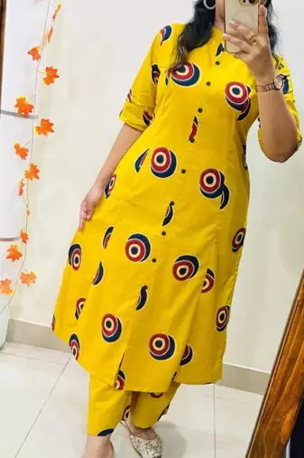 Yellow pure cotton printed kurti palazzo co-ord set