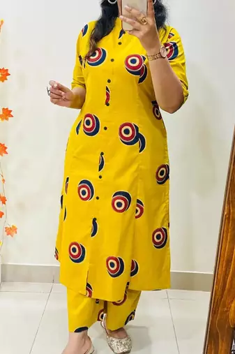 Yellow pure cotton printed kurti palazzo co-ord set