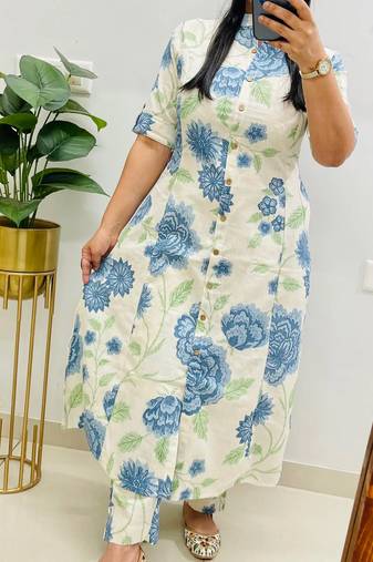 White pure cotton printed kurti palazzo co-ord set