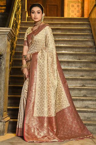 Cream banarasi silk blend saree with red zari border