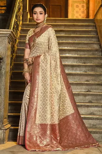 Cream banarasi silk blend saree with red zari border