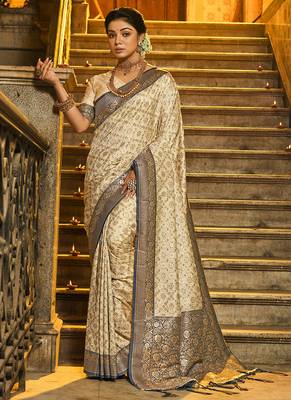 Cream banarasi silk blend saree with navy blue zari border 1