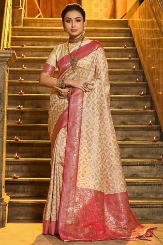 Cream banarasi silk blend saree with rani pink zari border