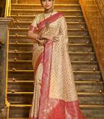 Cream banarasi silk blend saree with rani pink zari border