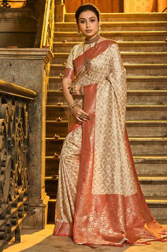 Cream banarasi silk blend saree with red zari border