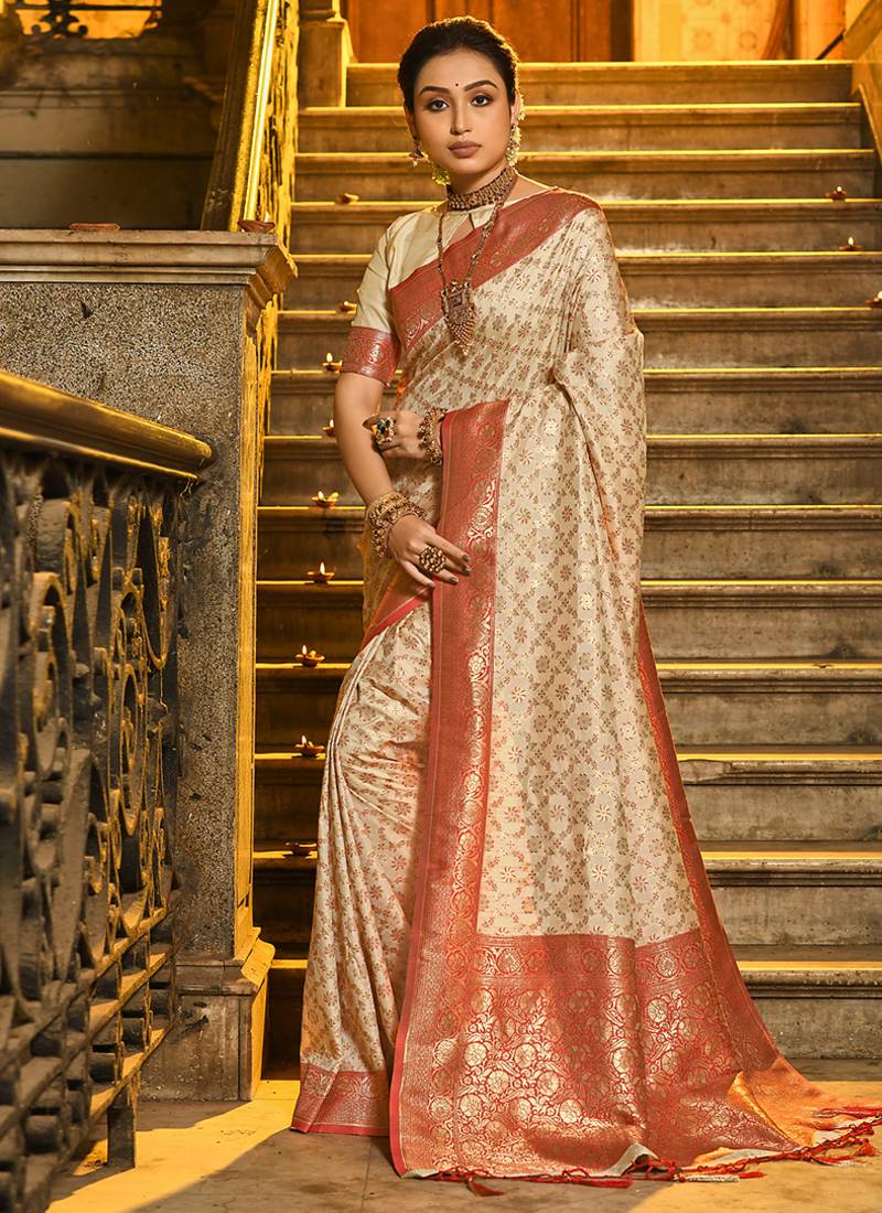 Cream banarasi silk blend saree with red zari border