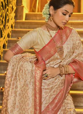 Cream banarasi silk blend saree with red zari border 2