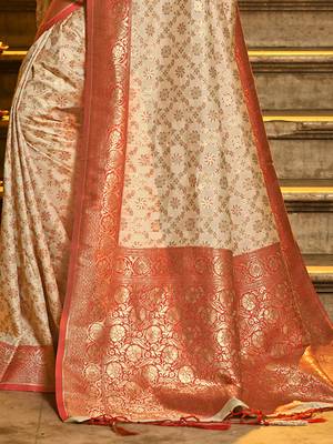 Cream banarasi silk blend saree with red zari border 3