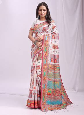 White linen cotton blend saree with multicolor ethnic print 1