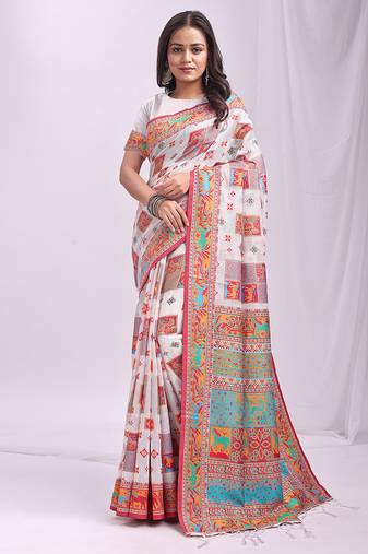 White linen cotton blend saree with multicolor ethnic print