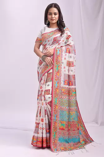 White linen cotton blend saree with multicolor ethnic print