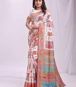 White linen cotton blend saree with multicolor ethnic print