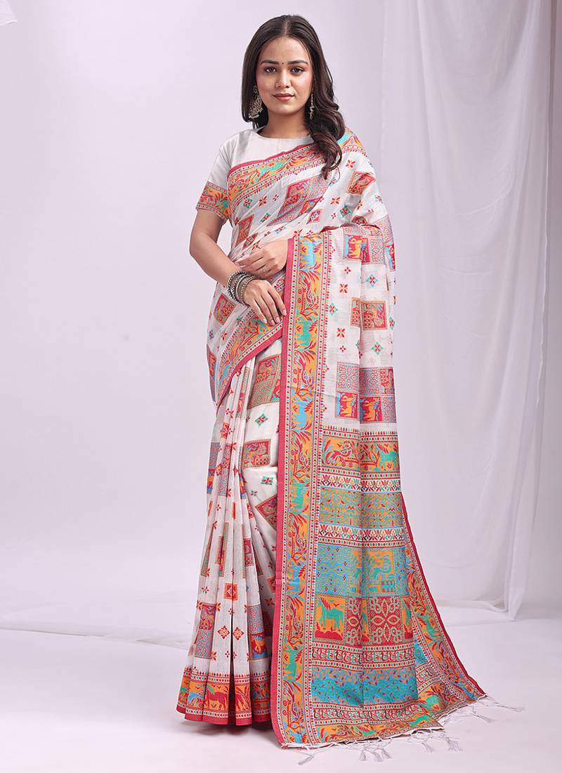 White linen cotton blend saree with multicolor ethnic print