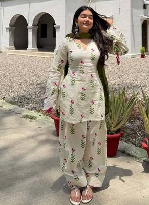 Women's Beautiful Printed Work Cameric Cotton Fabric Straight Kurta Patiala and Dupatta Set 1