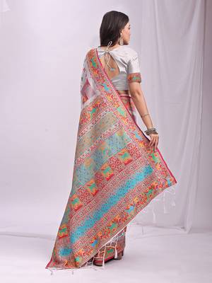 White linen cotton blend saree with multicolor ethnic print 2