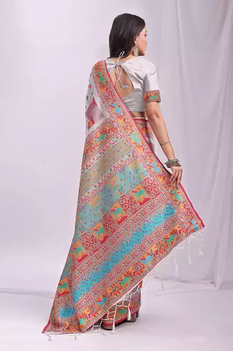 White linen cotton blend saree with multicolor ethnic print